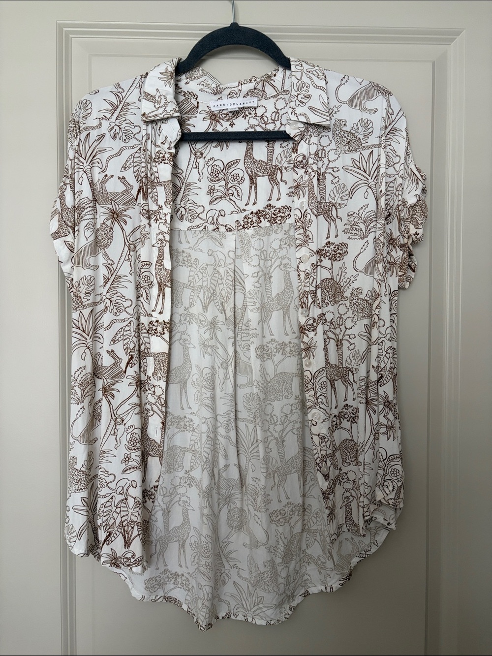 White Button-Down Shirt with Brown Safari Print